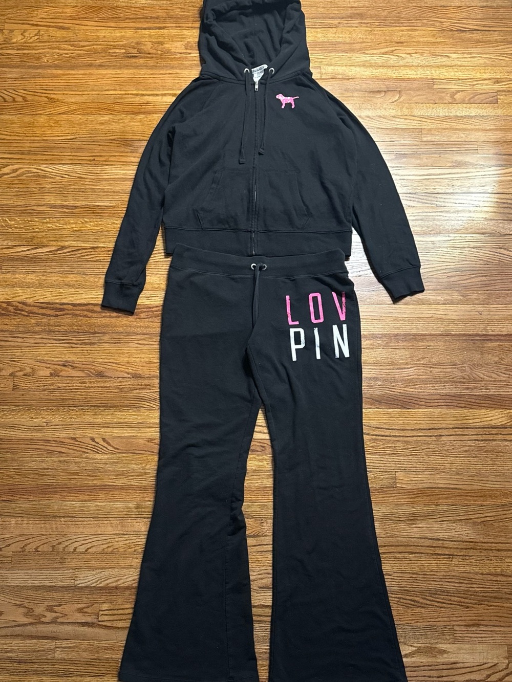 Victoria's Secret Black Hoodie & Flare Sweatpants with Pink Logo